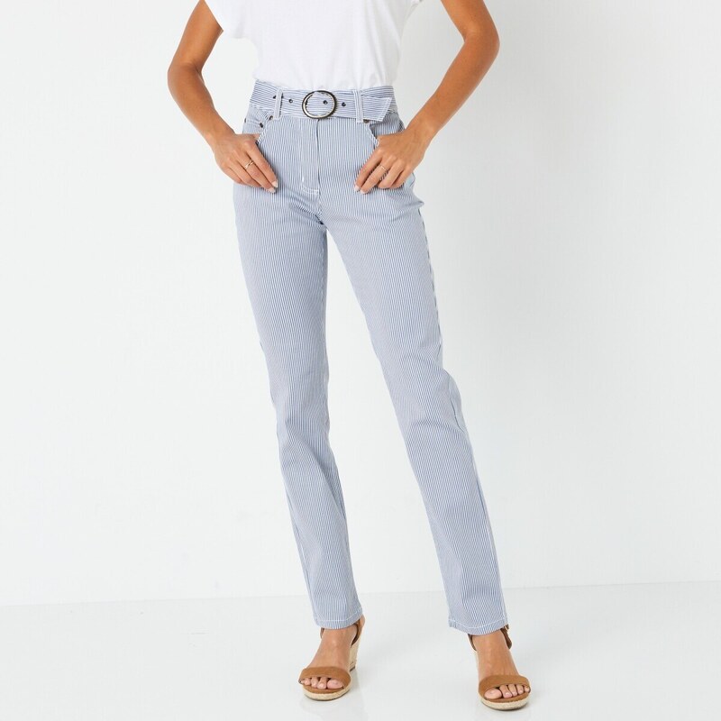 Rovné pruhované nohavice s opaskom pre nižšiu postavu modrá/biela 034 49062533