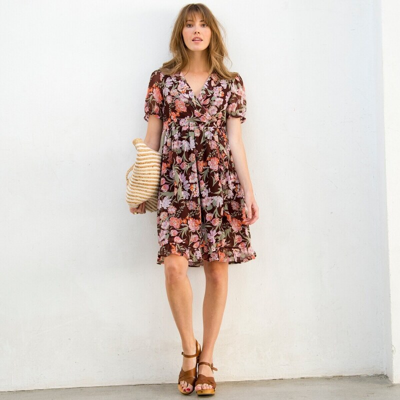 Voálové šaty so zavinovacím výstrihom a potlačou čokoládová/koralová 48126222