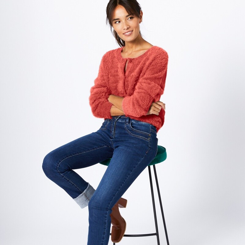 Jednofarebný sveter z úpletu s predĺženým vláknom koralová 036 48147874