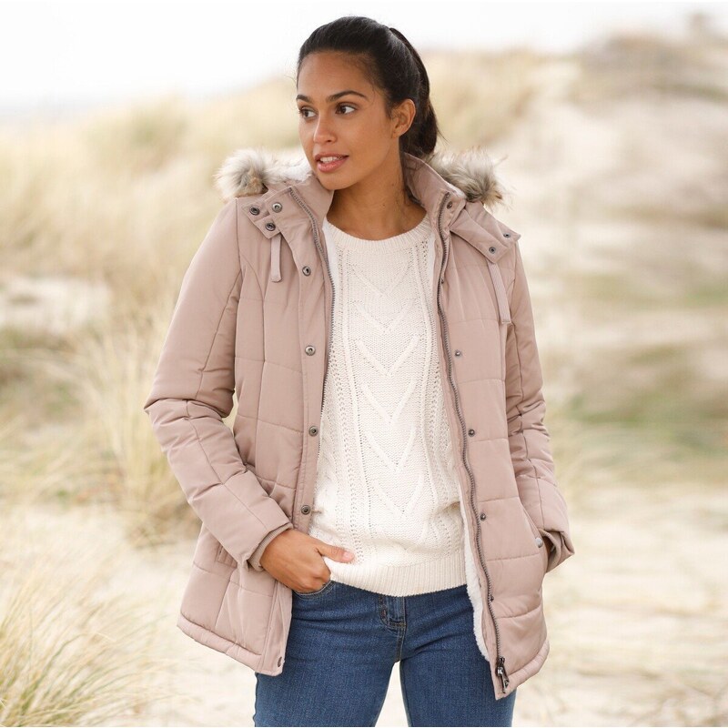 Nepremokavá bunda s kapucňou a imitáciou kožušiny hnedosivá 038 48402565