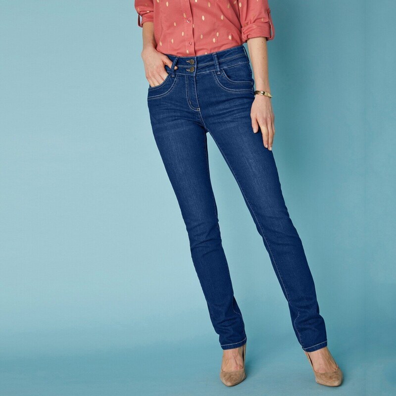 Rovné strečové džínsy so zapraným vzhľadom tmavomodrá 040 Blancheporte 48518494