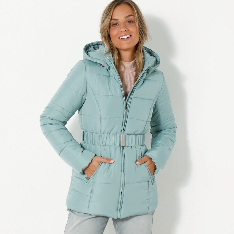 Krátka nepremokavá prešívaná bunda s opaskom, na zips sivozelená 040 48231226