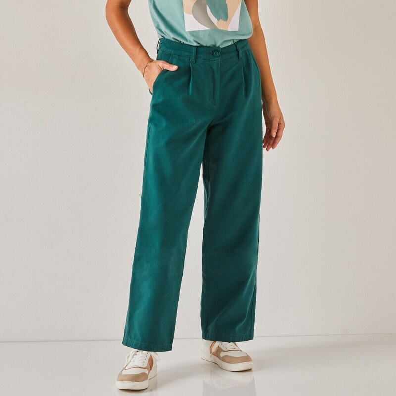 Keprové široké nohavice pre nižšiu postavu jedľová 054 Blancheporte 48231227