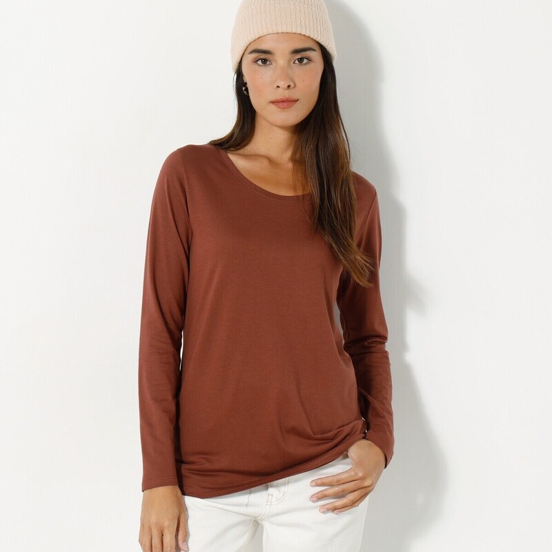 Jednofarebné tričko s okrúhlym výstrihom a dlhými rukávmi čokoládová 48387300