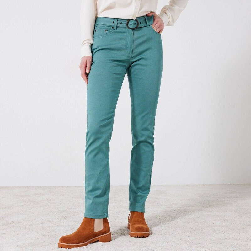 Rovné nohavice s opaskom pre postavu 155 až 160 cm sivozelená 052 48219033