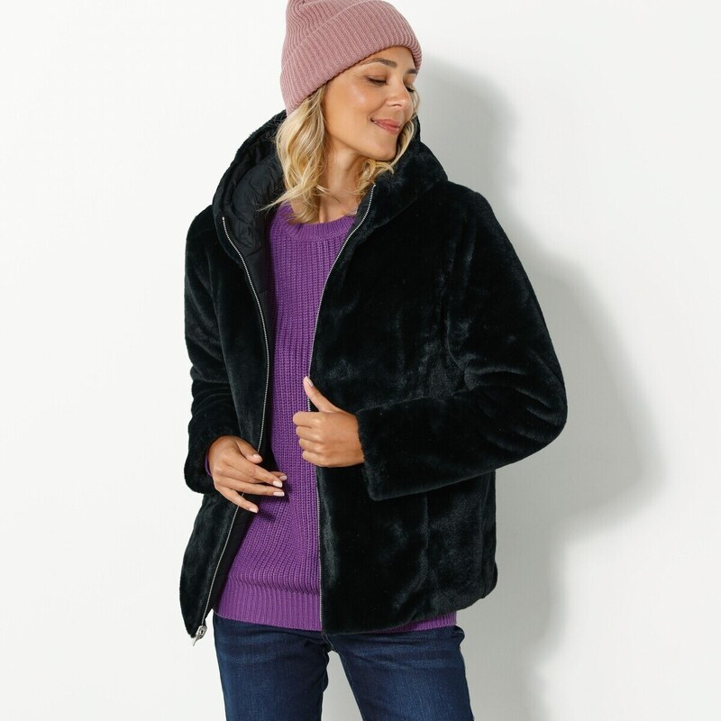 Obojstranná prešívaná bunda z imitácie kožušiny čierna 040 48402612