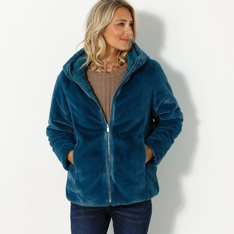 Obojstranná prešívaná bunda z imitácie kožušiny tyrkysová 036 48402614