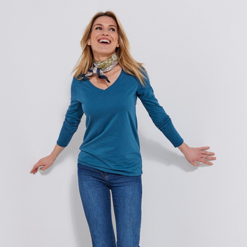 Tričko s výstrihom do V a dlhými rukávmi modrá 050 Blancheporte 62584753