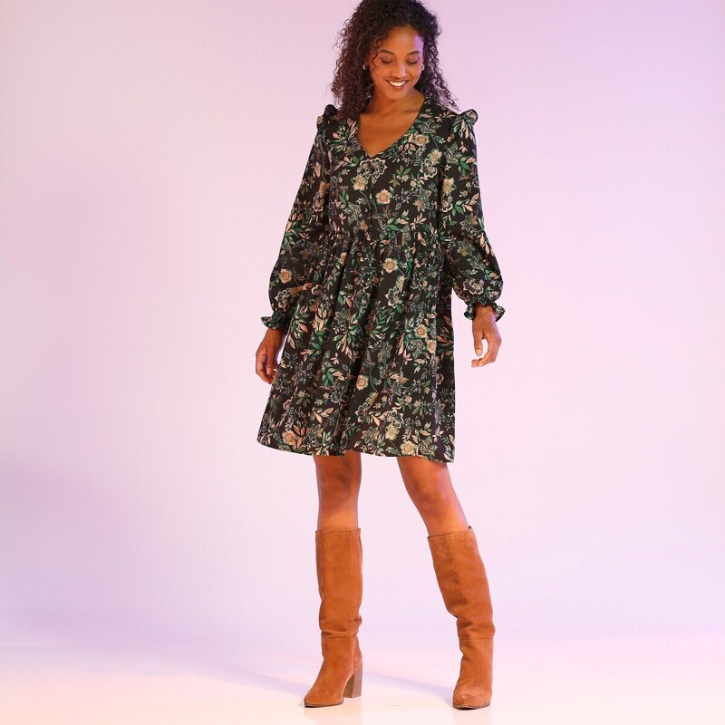 Šaty s dlhými rukávmi a potlačou na spodnom leme čierna/zelená 048 48199063