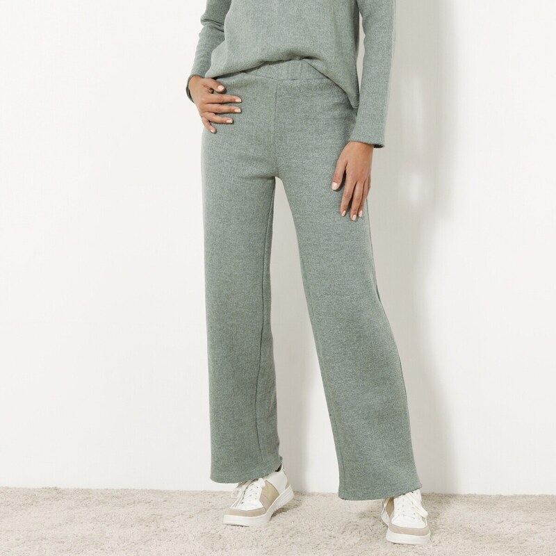 Široké nohavice z česaného úpletu s pružným pásom khaki melír 040 48219103