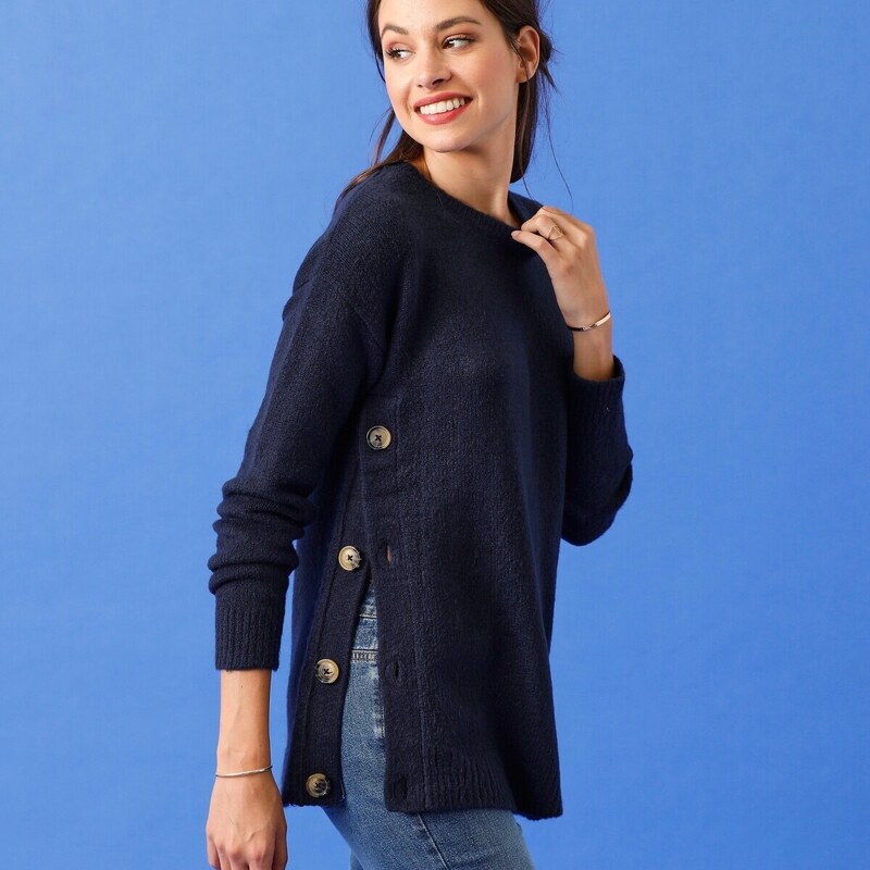 Rovný pulóver s gombíkmi na boku nám. modrá 044 Blancheporte 48199183