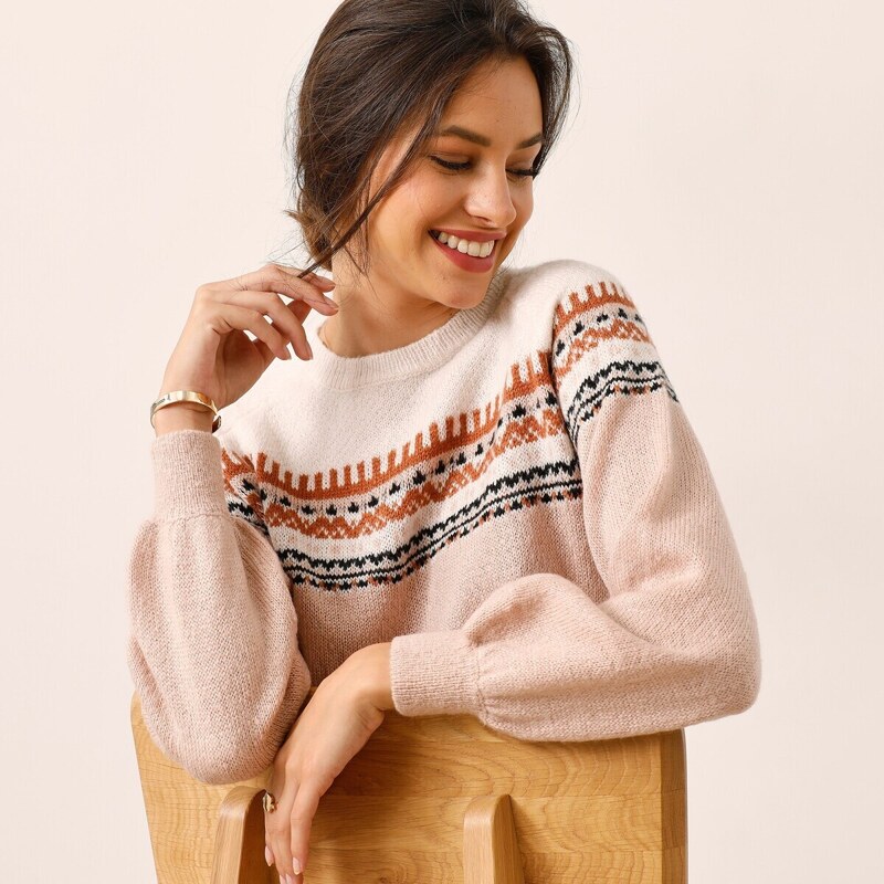 Žakárový pulóver s lodičkovým výstrihom béžová 052 Blancheporte 48199197