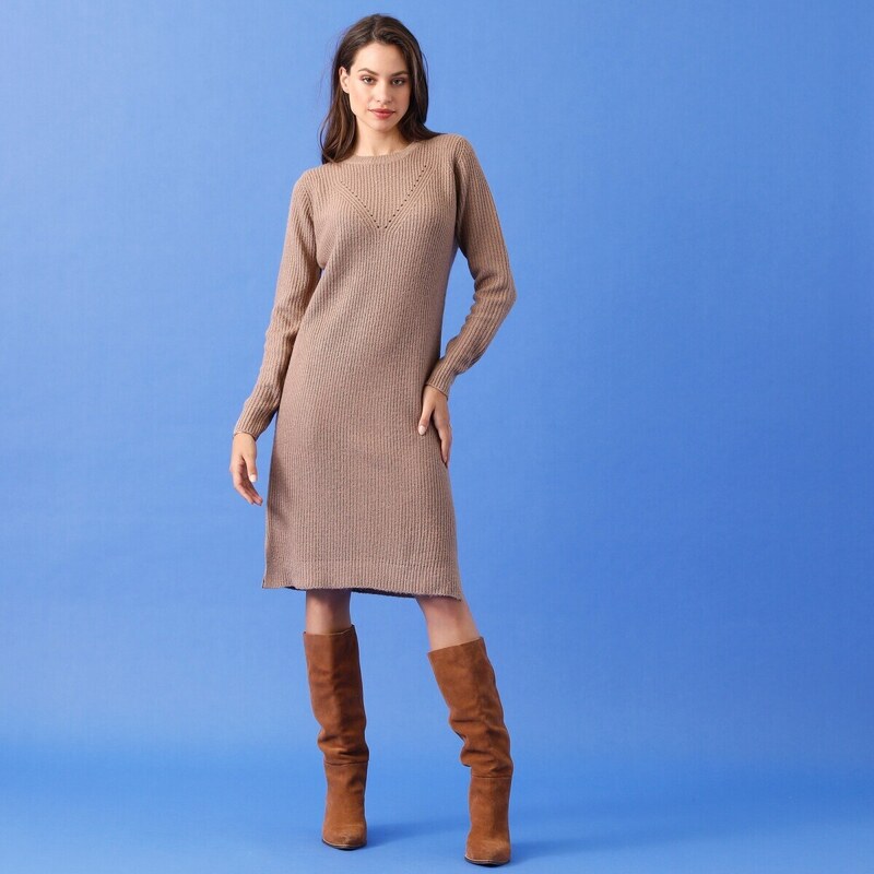 Šaty s hladkým pleteným vzorom hnedosivý melír 036 Blancheporte 48199201