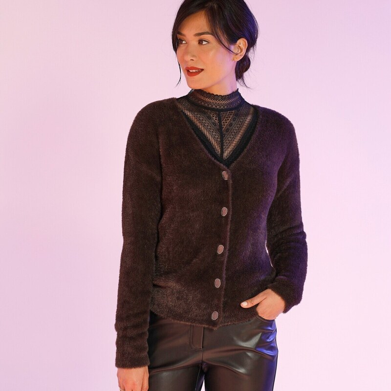 Sveter s okrúhlym výstrihom, žakár s dlhým vlasom čokoládová 048 48199042