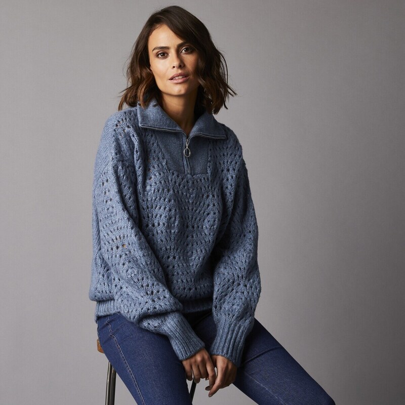 Ažúrový pulóver so stojačikom modrosivá 036 Blancheporte 48199045