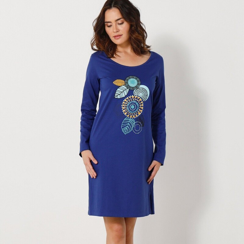 Krátka nočná košeľa s dlhými rukávmi a potlačou roziet tmavomodrá 050 61267662