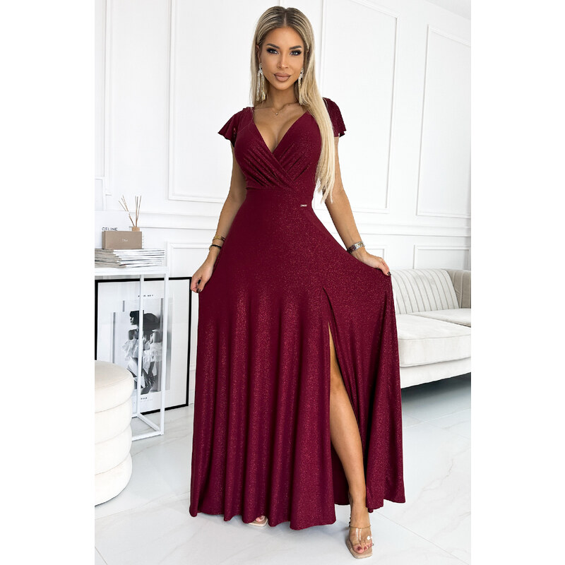 miadresses.sk Bordové trblietavé šaty s volánikovými rukávmi 48199212