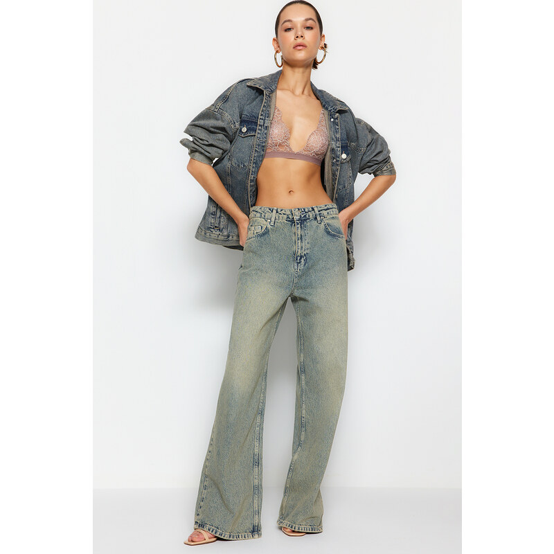 Trendyol Modré Bledé Efekt Vintage Normálny Pás Široké Nohavice Džínsy 50639024