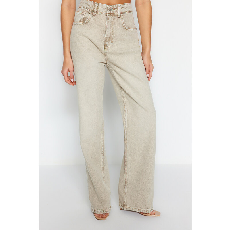 Trendyol béžové bledé efekt vintage normálny pás široké nohavice 50612297