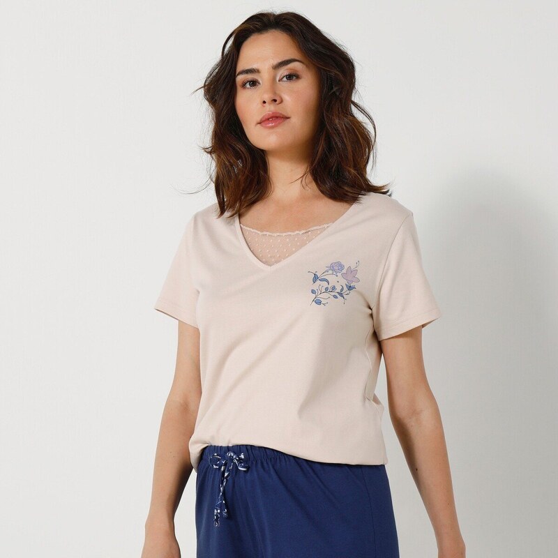 Blancheporte Pyžamové tričko s krátkymi rukávmi a potlačou kvetín piesková 036