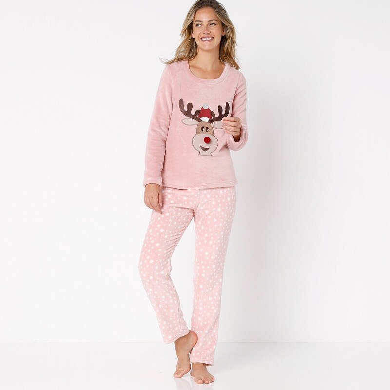 Blancheporte Fleecové pyžamo s dlhými rukávmi s motívom "soba" ružová pudrová 054