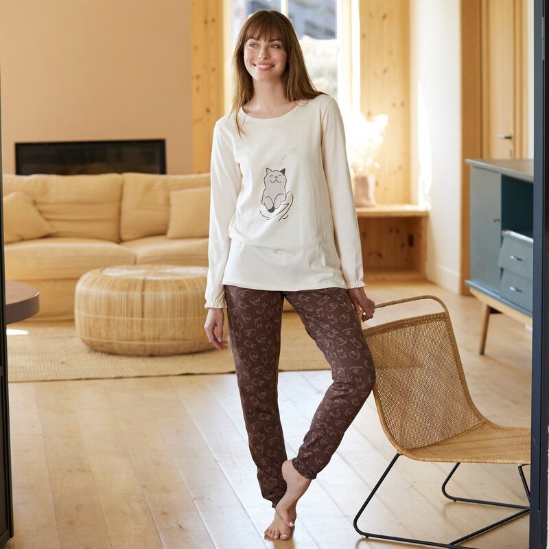 Pyžamo s volánmi a potlačou mačky prírodná/čokoládová 044 Blancheporte 48217502