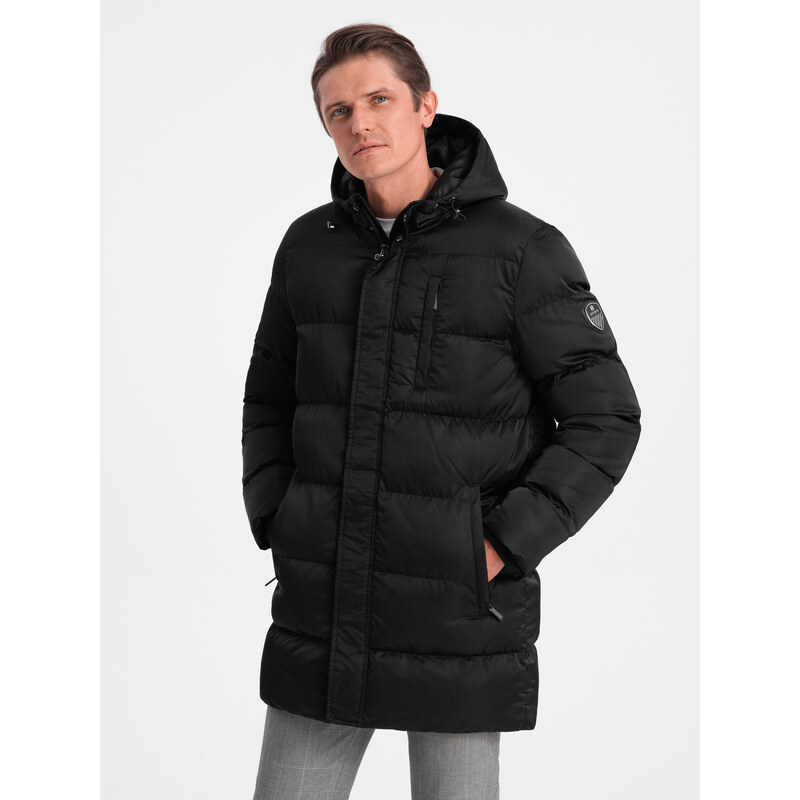 Ombre Clothing Pánska dlhá zimná prešívaná bunda so saténovým povrchom - čierna V3 OM-JALJ-0147