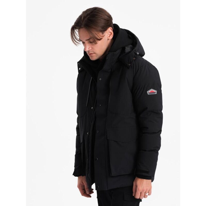 Ombre Clothing Pánska zimná bunda s odopínateľnou kapucňou a cargo vreckami V3 OM-JAHP-0152 čierna