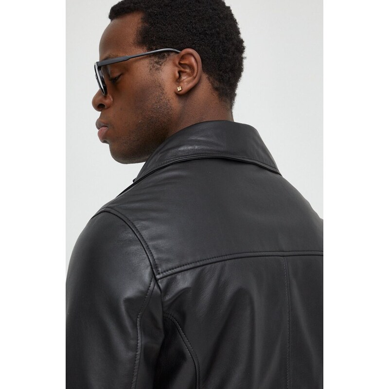 Kožená bunda Karl Lagerfeld pánska, čierna farba, prechodná