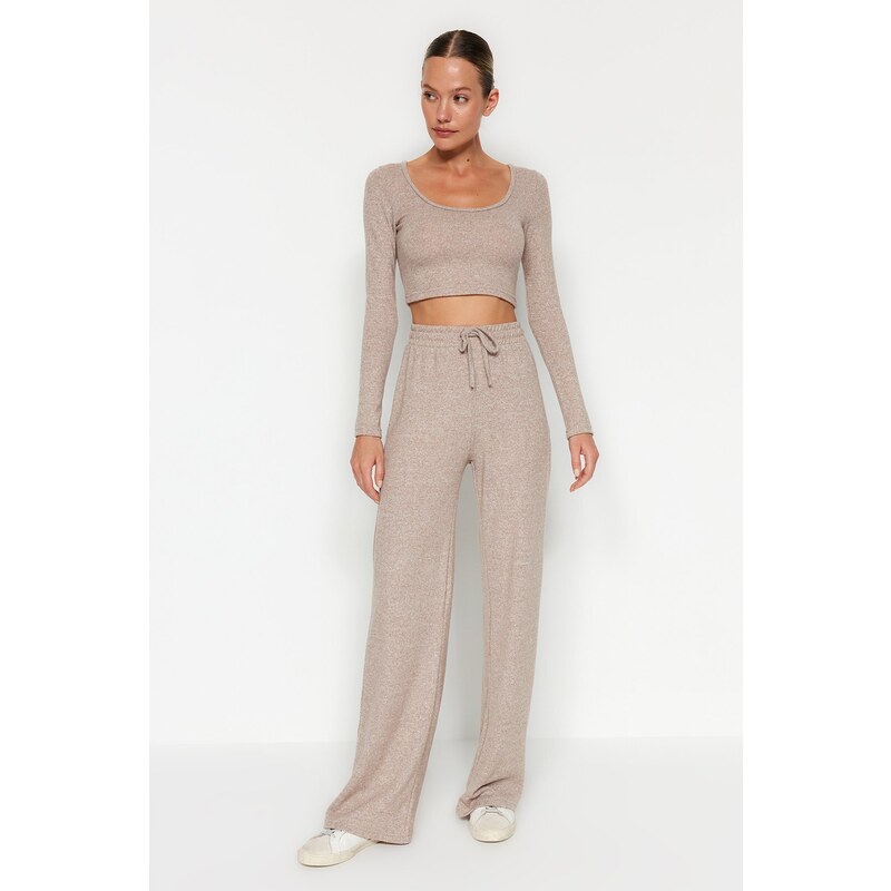 Trendyol Beige Soft Crop and Wide Leg Knitted Top and Bottom Set 50920591