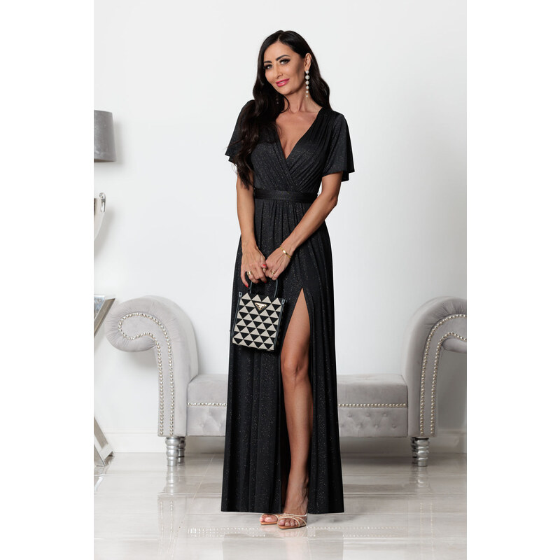 miadresses.sk Čierne trblietavé šaty s rozparkom 48361831