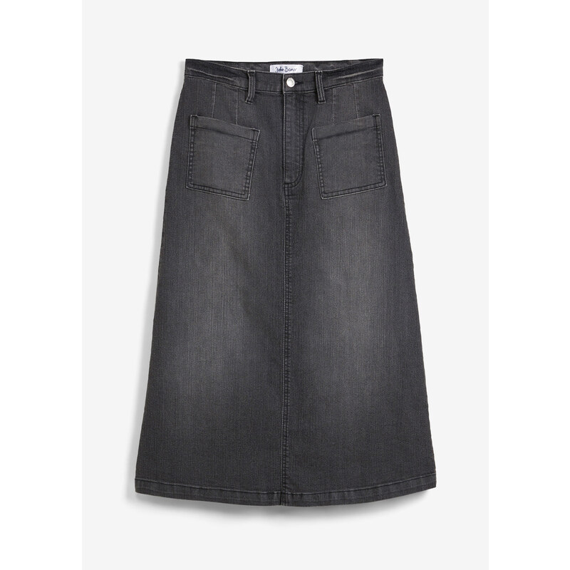 bonprix Strečová džínsová sukňa, midi dĺžka, farba čierna 48373803