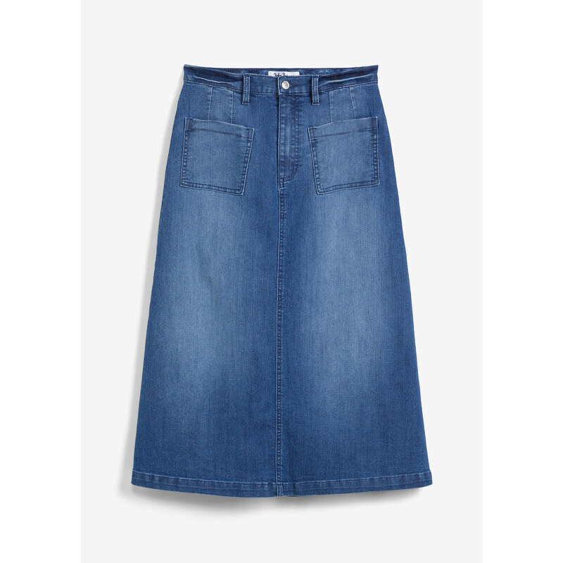 bonprix Strečová džínsová sukňa, midi dĺžka, farba modrá, rozm. 52