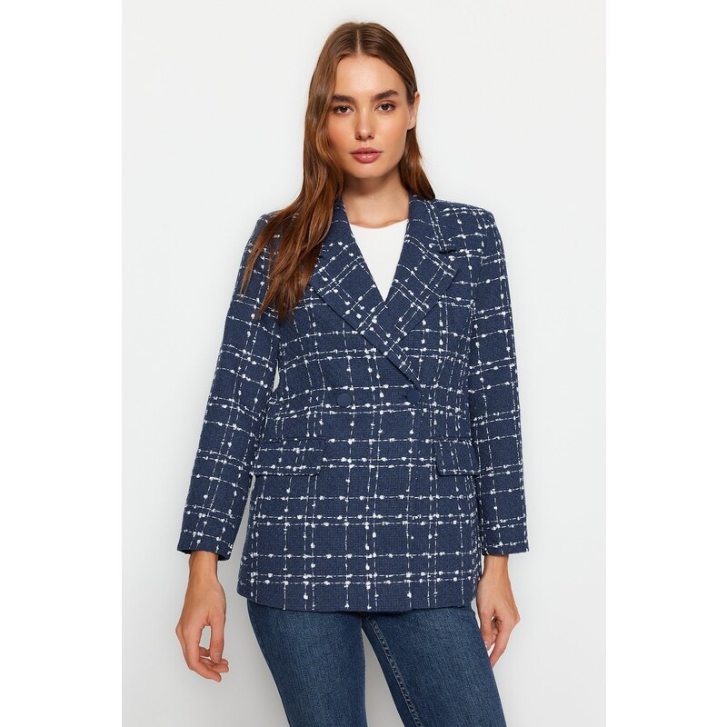 Trendyol Navy Tweed Regular Woven Plaid Blazer Jacket