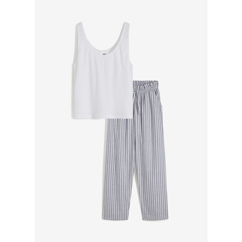 bonprix Pyžamo s krátkym vrúbkovaným topom a s tkanými nohavicami, farba biela, rozm. 44/46