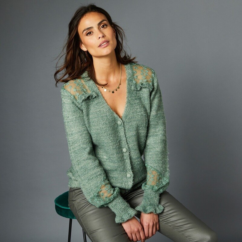 Sveter z džerseja a vyšívaného tylu zelená 040 Blancheporte 48492634