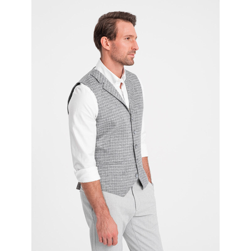 Ombre Clothing Pánska vesta z vlnenej zmesi s károvanými klopami - svetlosivá V2 OM-BLZV-0110
