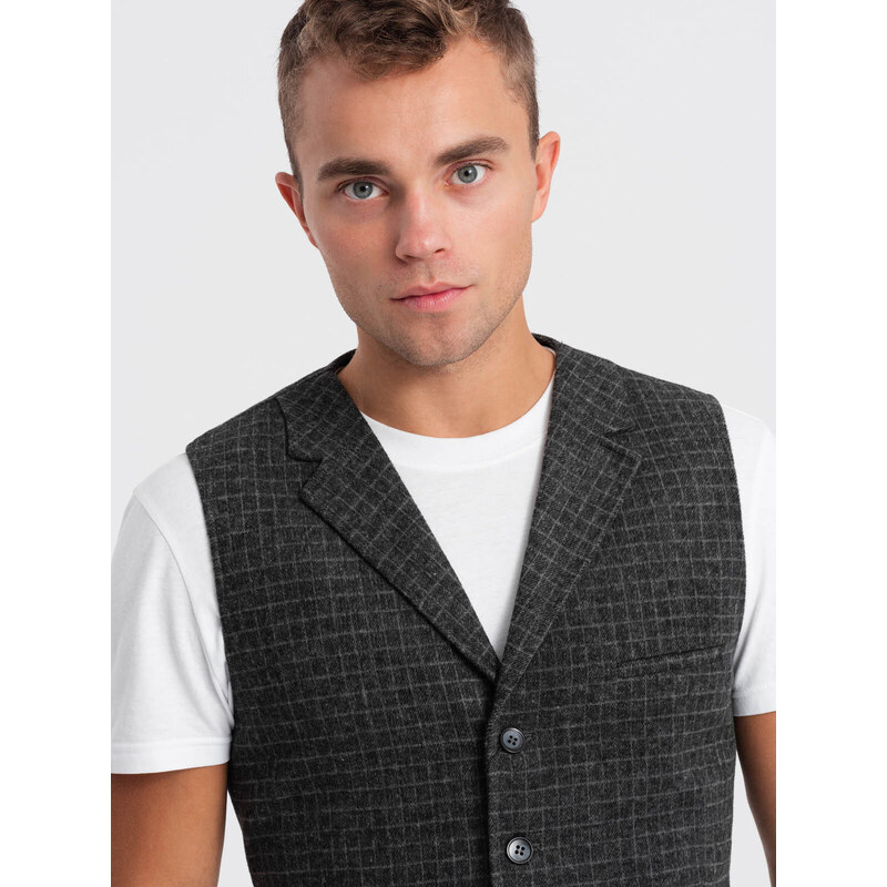Ombre Clothing Pánska vesta z vlnenej zmesi s károvanými klopami - grafitová V1 OM-BLZV-0110