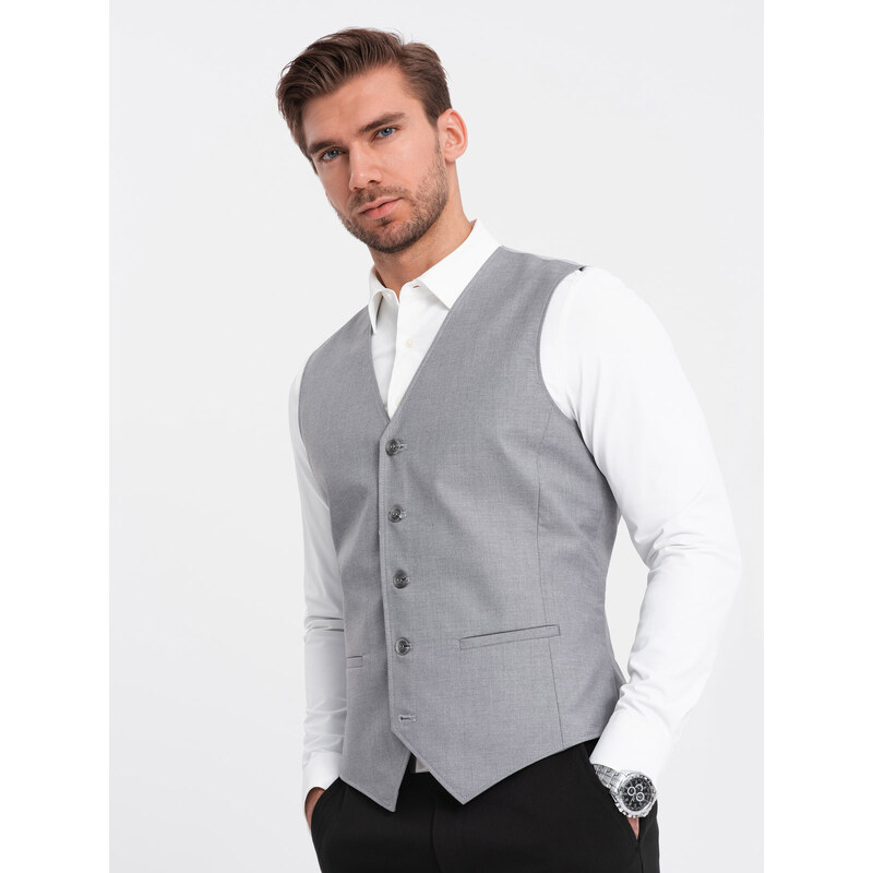 Ombre Clothing Pánska obleková vesta bez klopí - sivá V3 OM-BLZV-0112