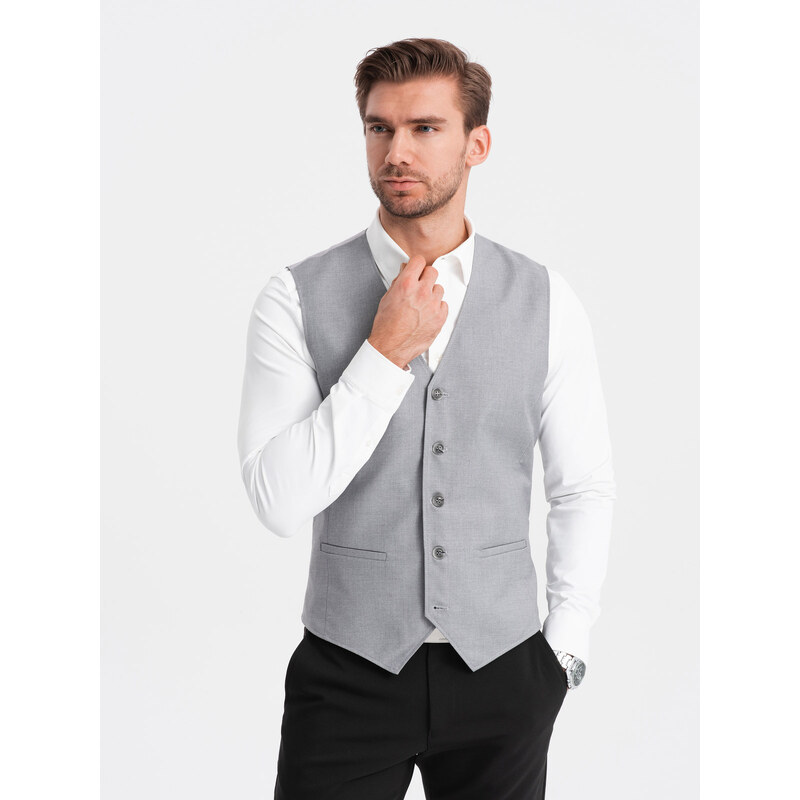 Ombre Clothing Pánska obleková vesta bez klopí - sivá V3 OM-BLZV-0112
