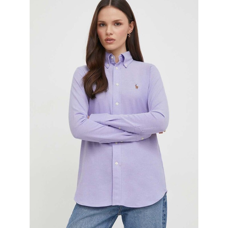Bavlnená košeľa Polo Ralph Lauren dámska, fialová farba, regular, s klasickým golierom, 211924258