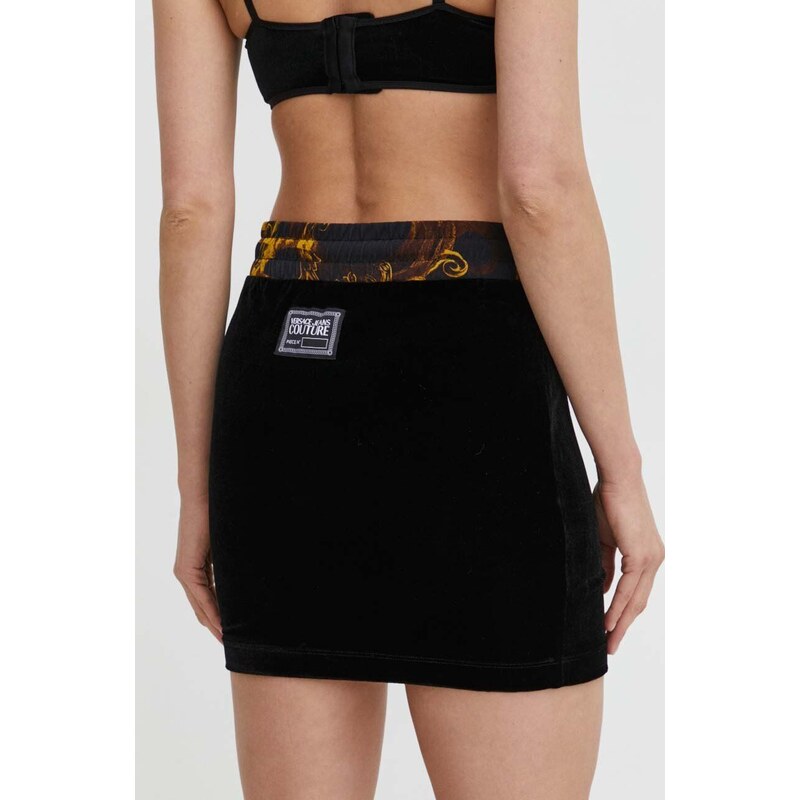 Zamatová sukňa Versace Jeans Couture čierna farba, mini, rovný strih, 76HAE325 JS291