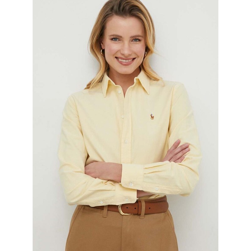 Bavlnená košeľa Polo Ralph Lauren dámska,žltá farba,voľný strih,s klasickým golierom,211932521
