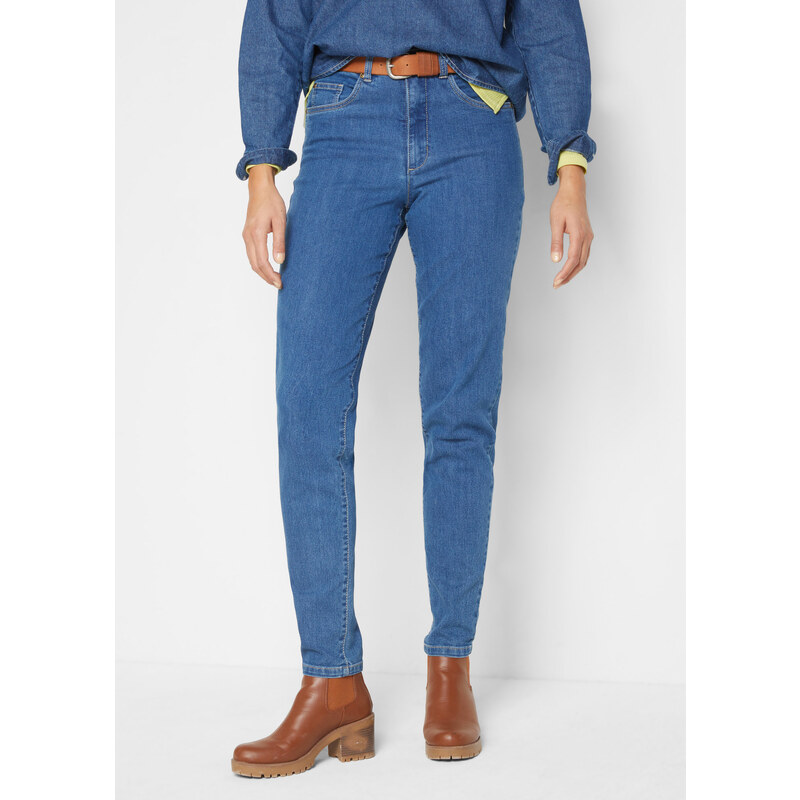 bonprix Džínsy Mom so strečom, vysoký pás, farba modrá 48558097