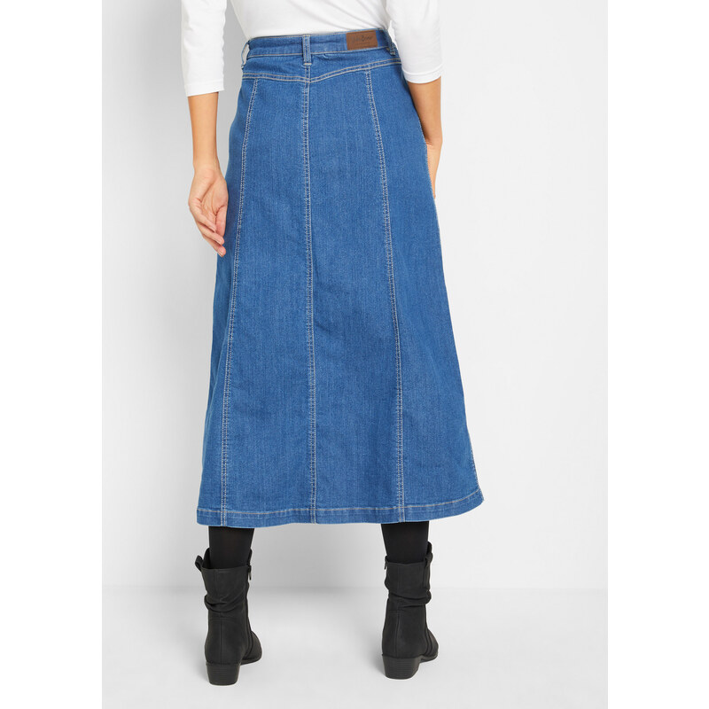 bonprix Komfortná strečová džínsová sukňa, midi dĺžka, farba modrá, rozm. 42