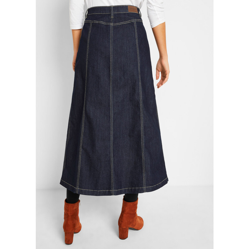 bonprix Komfortná strečová džínsová sukňa, midi dĺžka, farba modrá
