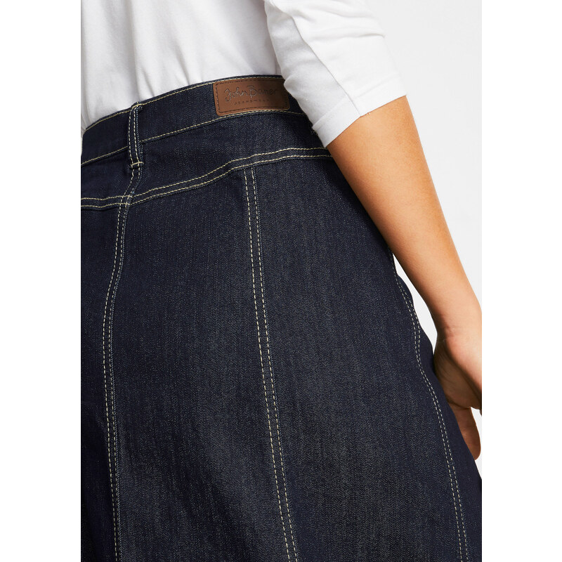 bonprix Komfortná strečová džínsová sukňa, midi dĺžka, farba modrá