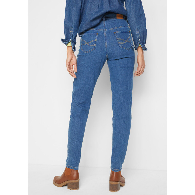 bonprix Mom-džínsy so strečom, vysoký pás, farba modrá