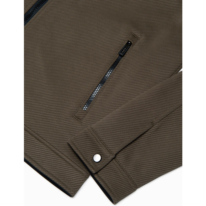 Ombre Clothing Pánska bunda BIKER zo štruktúrovanej tkaniny - tmavo olivovo zelená V1 OM-JANP-0138