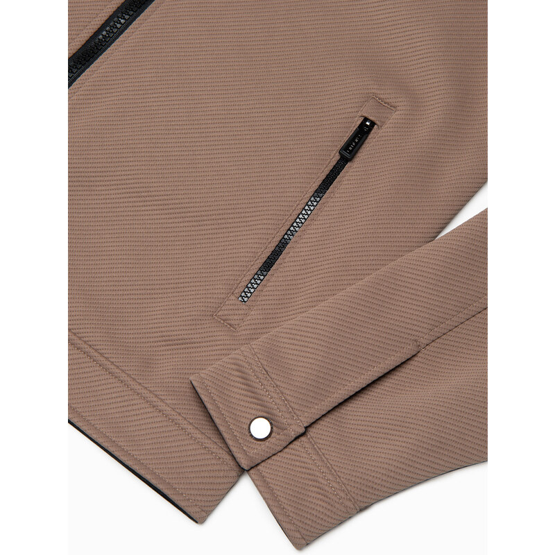 Ombre Clothing Pánska bunda BIKER zo štruktúrovanej tkaniny - svetlohnedá V4 OM-JANP-0138